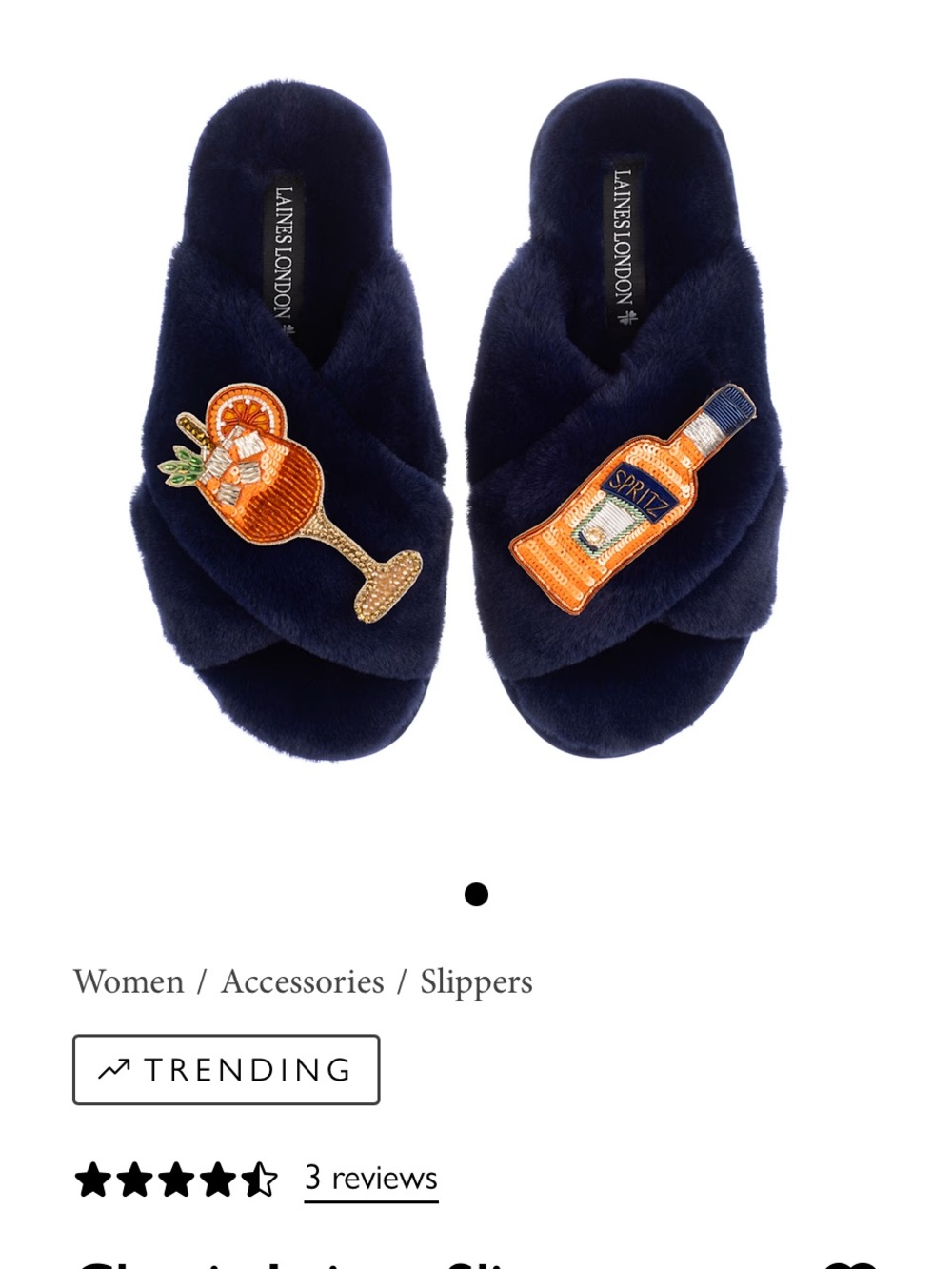 Laines London, Navy Plush Slide Slippers with Cocktail Appliqués